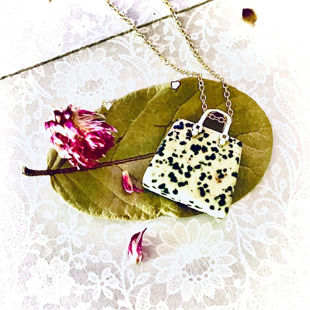 New Artisan 14k Gold Lady Christian Dior Dalmatian Jasper Handbag Necklace - Picture 11 of 17